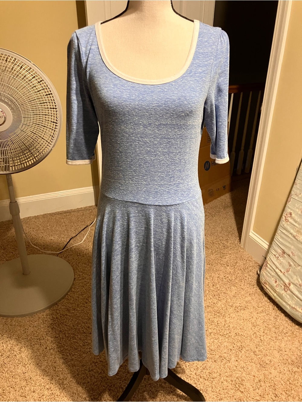 LuLaRoe Heathered Light Blue Scoop Neck Midi Dress with Cream Trim